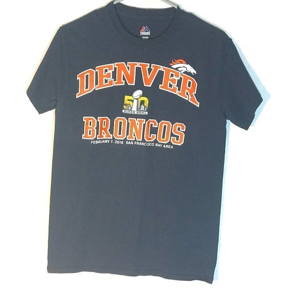 Majestic NFL Super Bowl Denver Broncos Blue Orange Small Short Sleeve T Shirt - Picture 1 of 7